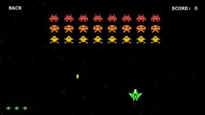 Screen shot from the Space Aliens arcade game.  You can play this on your Apple.